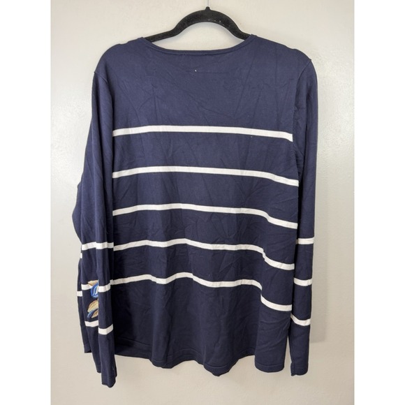 Chicos 3 Mid weight Neck Navy Striped Embroidered Pullover - Picture 5 of 6